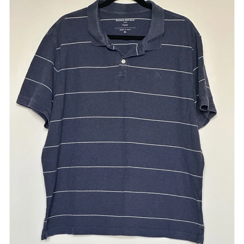Banana Republic Mens XL Pique Polo Shirt Navy Blue White Striped Short Sleeve
